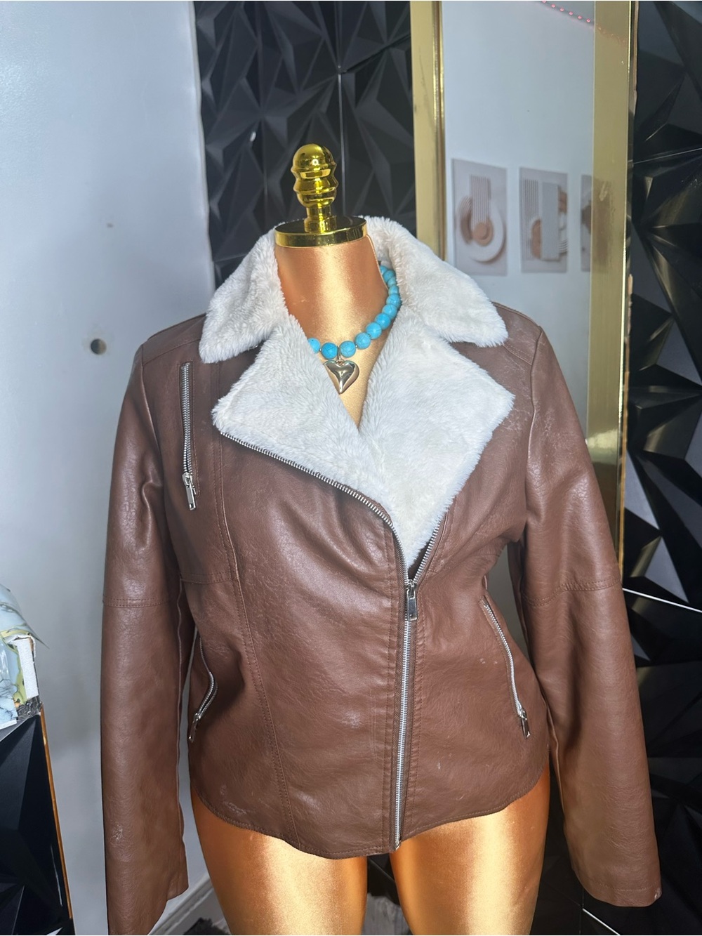 🔥🧥Women's Brown Leather Moto Jacket with Cream Faux-Shearling Collar